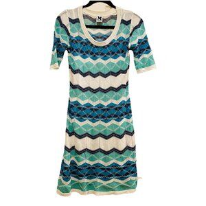 MISSONI  Blue Teal White Chevron Sheer Knit Sweater Dress Size 42 = Sz 6 = S